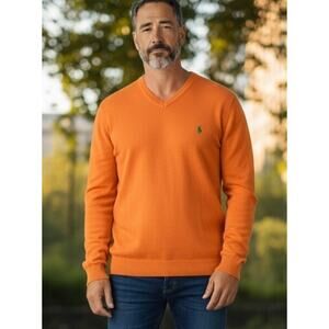 Polo Ralph Lauren Men Orange V Neck Pima Cotton Pullover Sweater Sz L